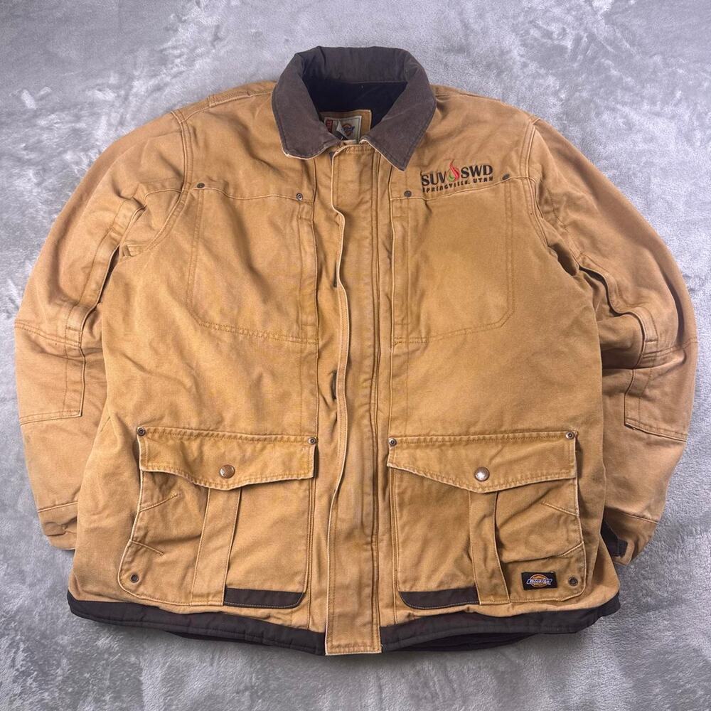 Dickies Men’s Lined Work Jacket Tan Brown XLT Canvas Utility Embroidered
